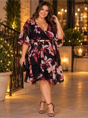 City Chic Black Floral Wrap Dress with Pink Accents